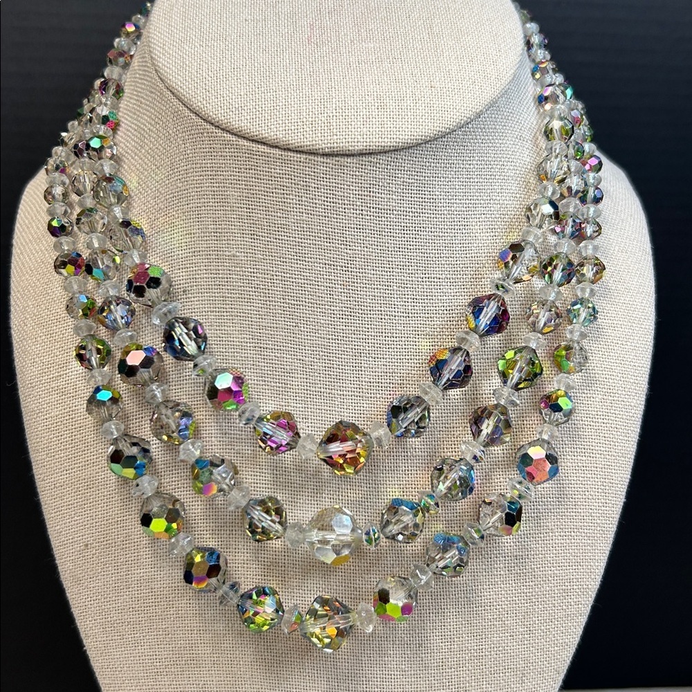 Vintage 3 strand Smokey Gray Aurora Borealis crystal graduating choker necklace